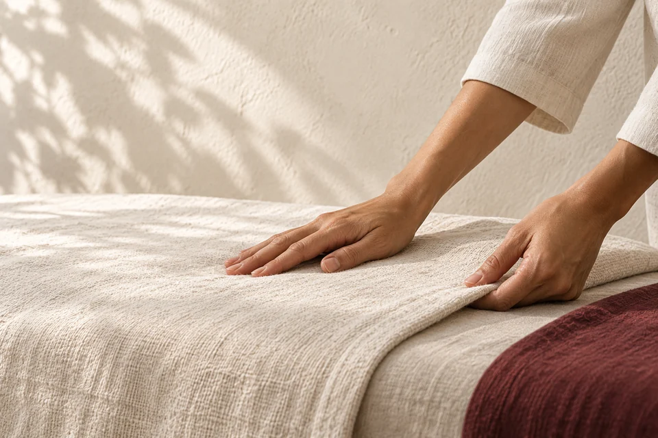 Deux mains préparent un linge crème, avec une touche de tissu grenat.