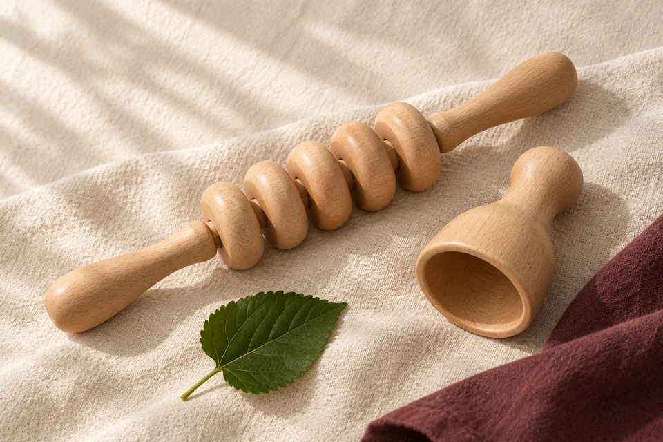 Rouleau et instrument en bois clair sur du lin, accompagnés d’une feuille de mûrier.